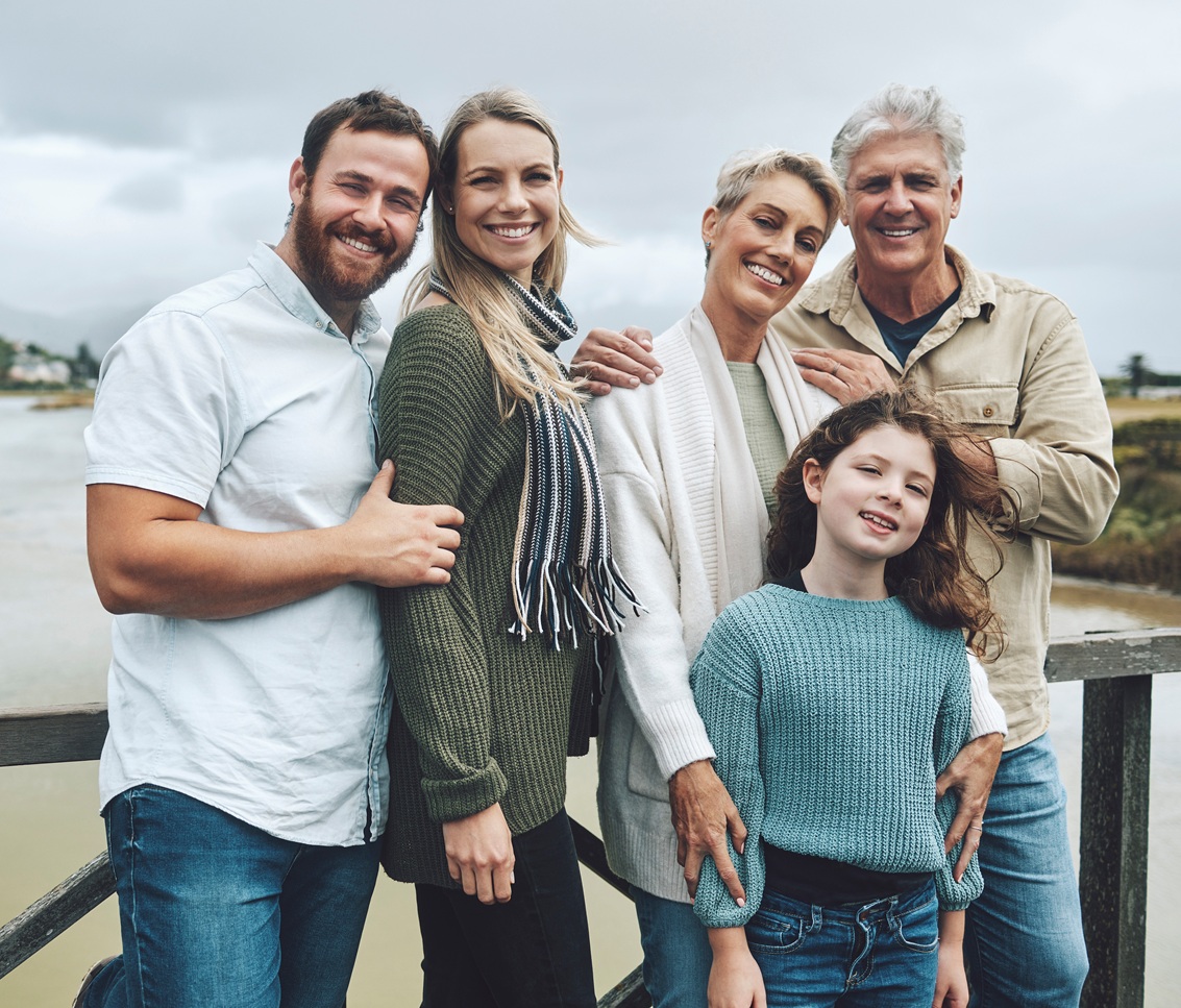 Family, travel and vacation with a girl, parents and grandparents on holiday or a weekend getaway b.